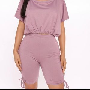 Fashion Nova Vibes Ruched Biker Shorts Set in color lavender
